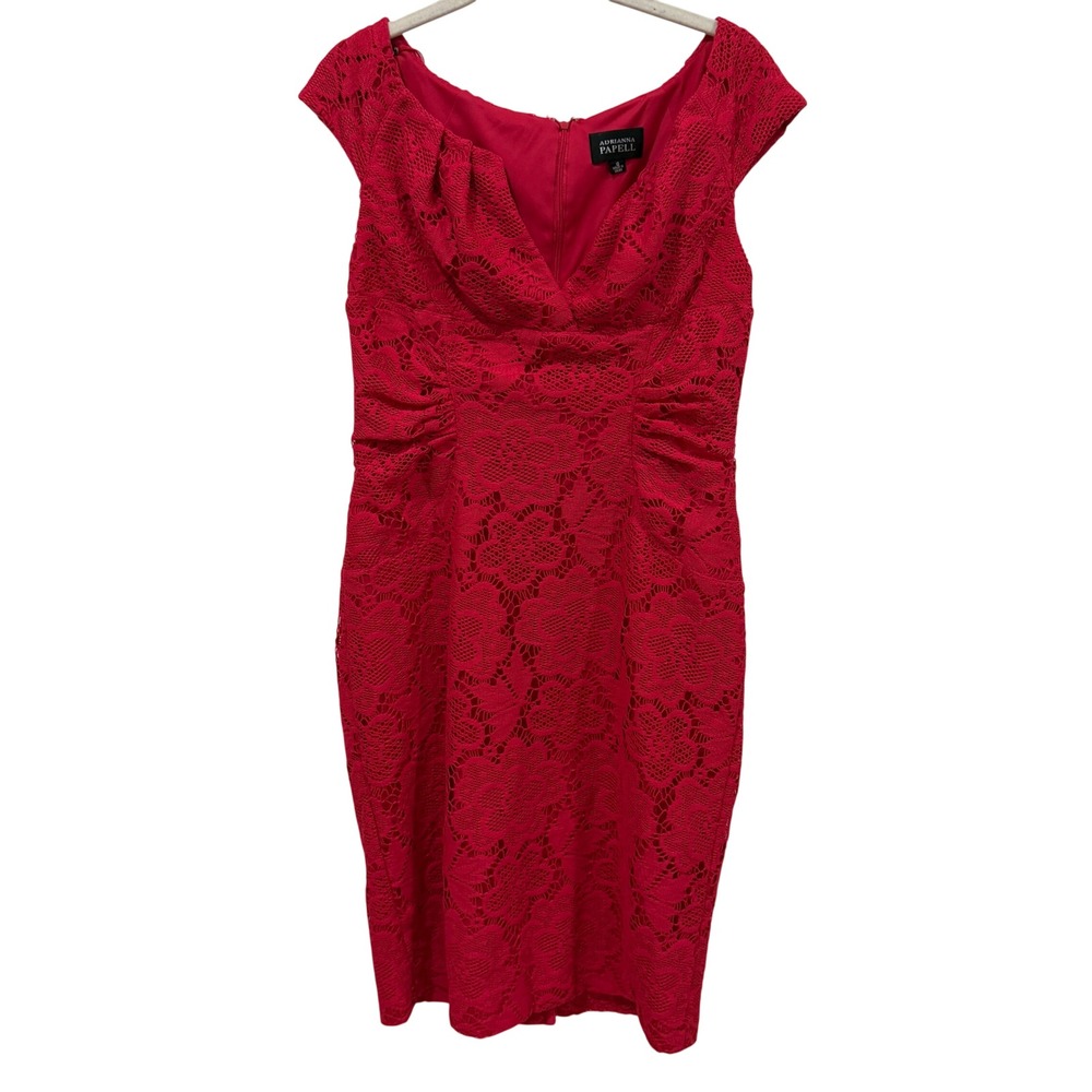 Adrianna Papell Red Floral Lace Cap Sleeve Sheath Dress Size 10 Wedding Cocktail